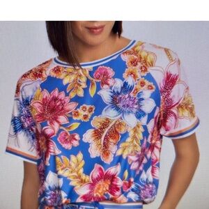Johnny Was Active Bee Active Ruched Raglan Floral Sleeve Pullover Top Large